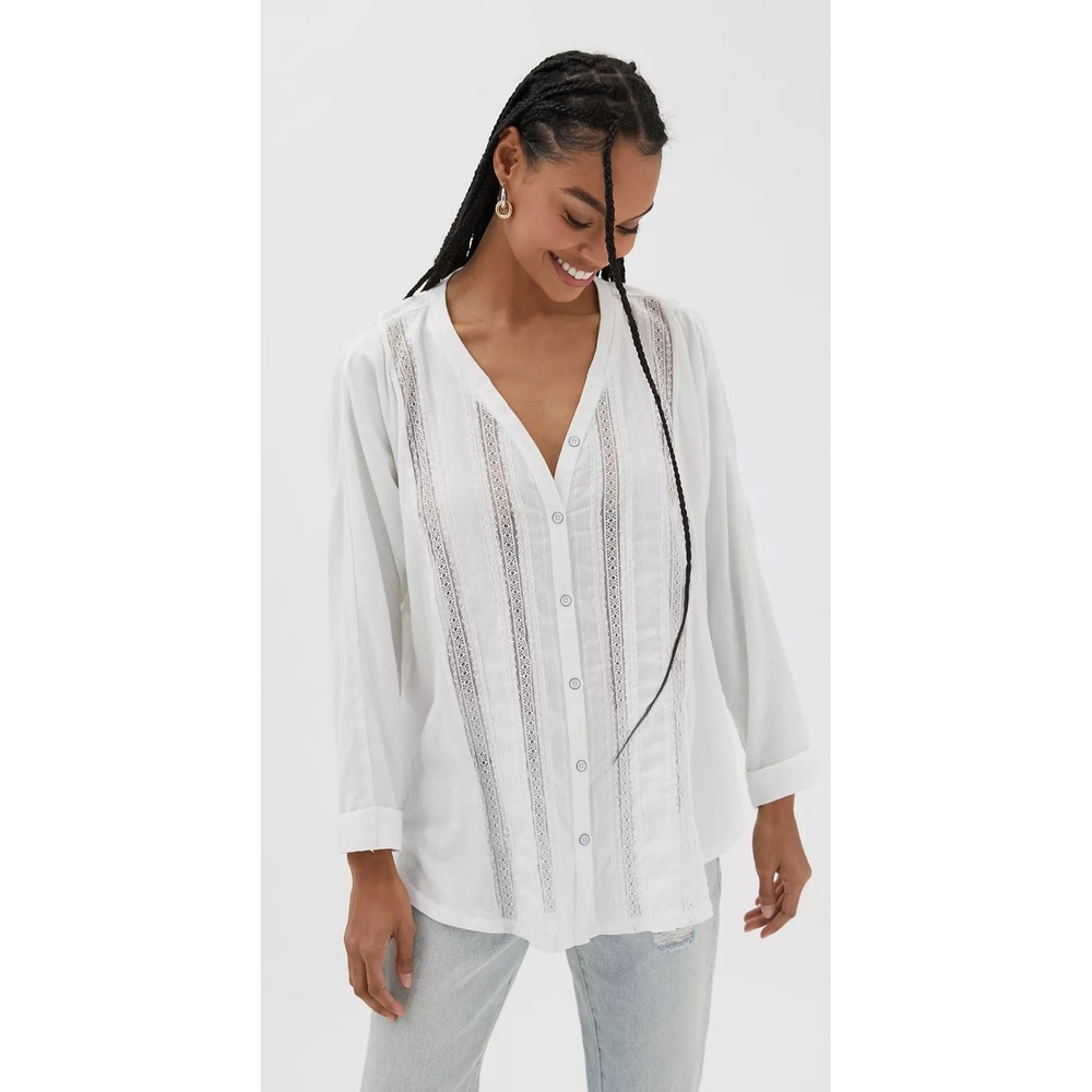 Urban Outfitters White Cotton Lace V Neck Button Down Long Sleeve Blouse Top L